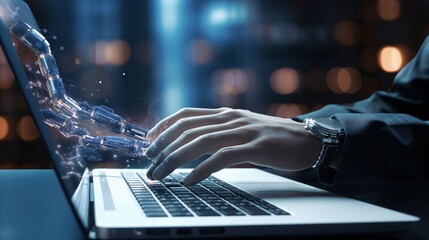 A person typing on a laptop with robotic hands Generative AI