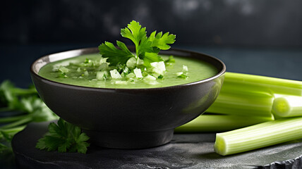 Wall Mural - bowl with fresh green vegetable cream on grey table