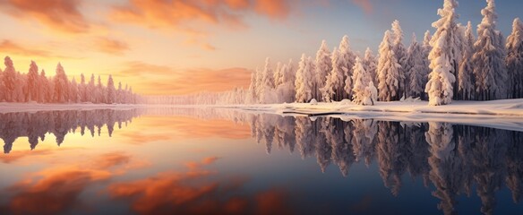 Wall Mural - Snowy Trees Reflecting on the Water Generative AI