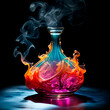 Contours of a beautiful perfume bottle dissolve in smoke on black, background for design and decoration of cosmetics