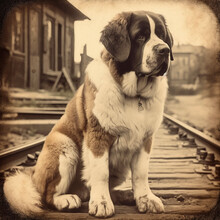 Saint Bernard Dog, Old Vintage Retro Postcard Style, Close-up Portrait, Cute Pet, Creative Animal Illustration