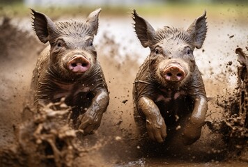 Two Pigs Running in Mud Generative AI