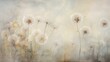  a painting of a bunch of dandelions blowing in the wind in front of a gray sky with white clouds.