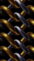 3d abstract background with net, interlaced golden and silver snakes moving, metallic scales texture, loop vertical video