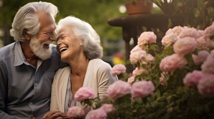 Poster -  a man and a woman sitting next to each other in front of a bush with pink flowers in the foreground.