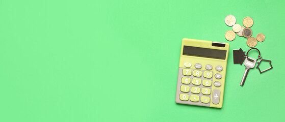 Wall Mural - Calculator, key from house and coins on green background with space for text