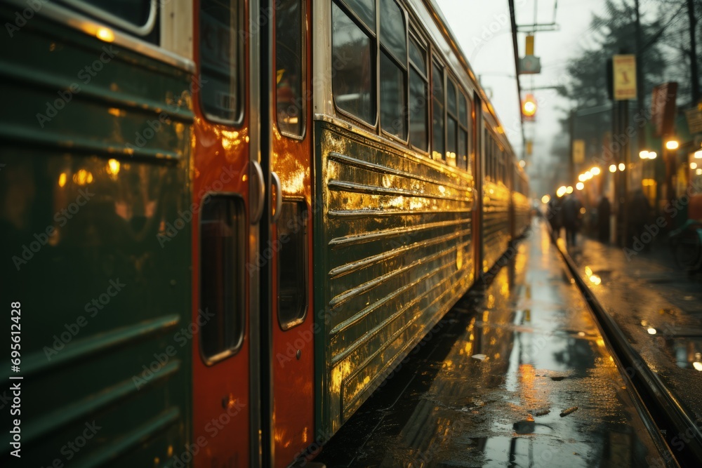 Vintage tram on rainy day, reflecting lights and city life, a sense of ...