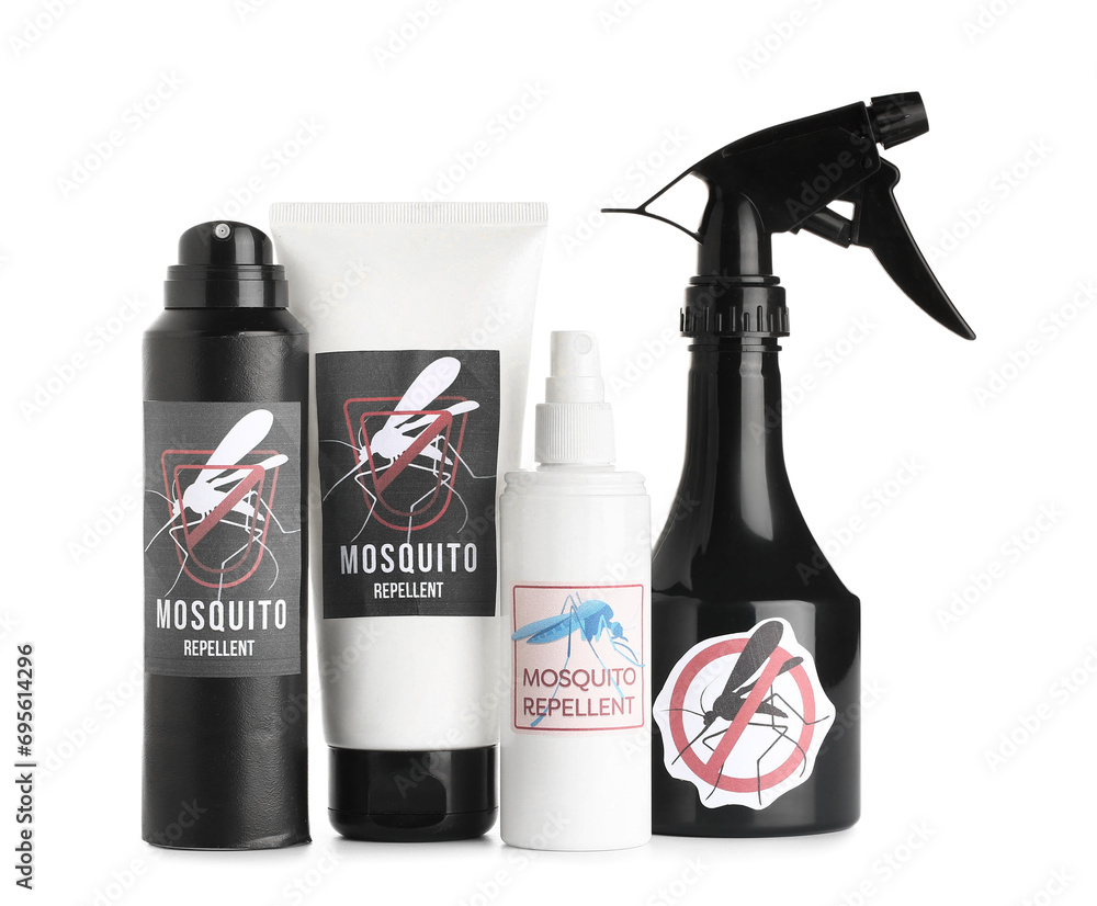 Mosquito repellent products on white background