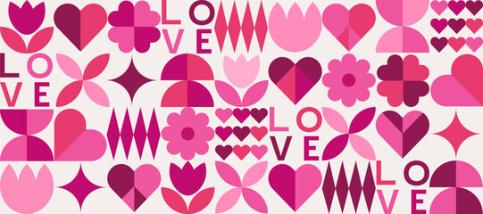 Wall Mural - Geometric Valentine's day seamless pattern with simple shapes. Romantic vector background. Love and hearts. Modern abstract design for print, banner, fabric, card, wrapping paper, cover.