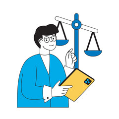 Wall Mural - Business concept with cartoon people in flat design for web. Businessman consulting with lawyer, drawing up documents and contracts. Vector illustration for social media banner, marketing material.