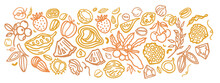 Granola Hand Drawn Vector Set. Crunches. Oats With Fruits, Berries, Nuts, Cocoa, Tasty Cereal Ingredients.