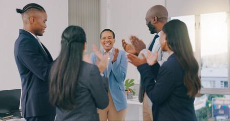 Wall Mural - Business people, applause and promotion with celebration, excited and cooperation with victory, winning and teamwork. Opportunity, achievement and cheering with staff, clapping and collaboration