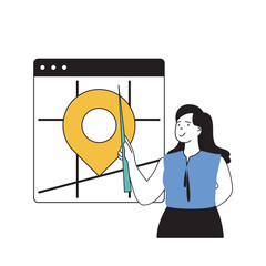 Social network concept with cartoon people in flat design for web. Woman pointing to location pin on map, posting with tracking mark. Vector illustration for social media banner, marketing material.