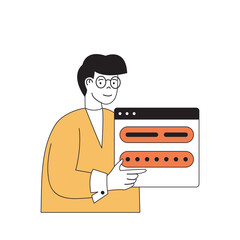 Fototapete - Cyber security concept with cartoon people in flat design for web. Man using protective password for access and saving private data. Vector illustration for social media banner, marketing material.