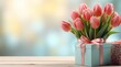gift and pink tulips on blue background
