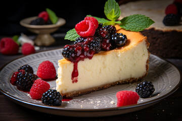 Sticker - Slice of German curd Cheesecake called 'Käsekuchen' with raspberry and blackberry fruits