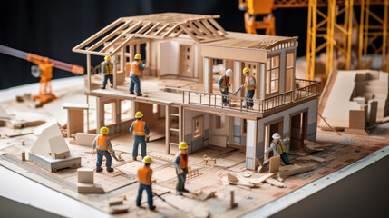 Wall Mural - Miniature construction site with small figures representing workers engaged in various activities like building