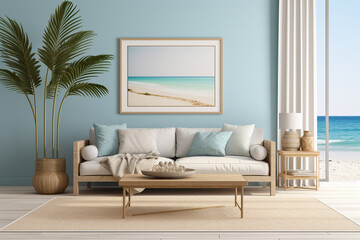 Sticker - Coastal living room with a sky-blue wall, an empty mockup frame, and breezy, beach-inspired decor 8k,
