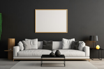 Sticker - Contemporary living room with a matte black wall, a sleek empty mockup frame, and modern art pieces 8k,