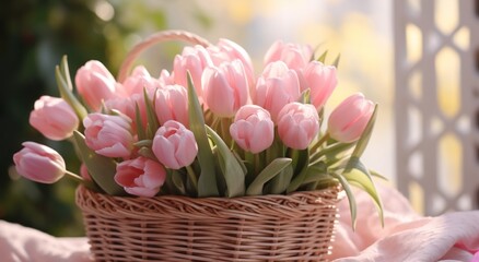 Wall Mural - simple spring time bouquet of tulips with background in a wicker basket