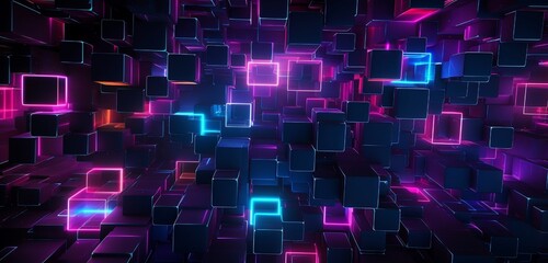 Wall Mural - a digital abstract background with interwoven geometric shapes in vibrant neon hues against a dark c