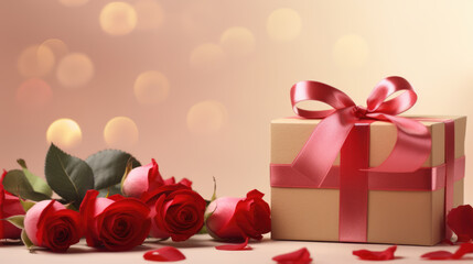 Wall Mural - Gift box tied with a ribbon, surrounded by small hearts and a bokeh light effect on a pink background, suggesting a romantic occasion like Valentine's Day.