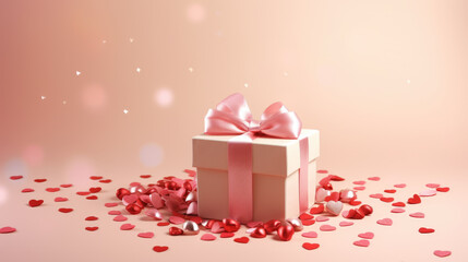 Wall Mural - Gift box tied with a ribbon, surrounded by small hearts and a bokeh light effect on a pink background, suggesting a romantic occasion like Valentine's Day.