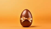 Illustration With A Chocolate Egg And A Golden Ribbon Against Orange Background With Copy Space