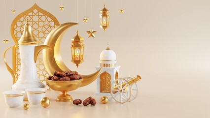 Wall Mural - 3d Ramadan Kareem with golden moon star  and lantern, mosque door islamic pattern, arabic coffee pot, date palm fruit, podium as luxury islamic background. decoration for ramadan kareem, eid mubarak.