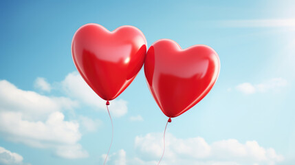 Wall Mural - Two bright red, heart-shaped balloons floating against a blue sky with white clouds.