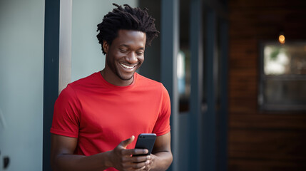 Poster - Woman is looking at his smartphone, standing on an urban sidewalk with buildings in the background.