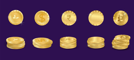 collection of realistic gold coins of different currencies, various money