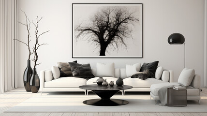 Wall Mural - Monochromatic living room with a blank wall, black and white decor, and modern art pieces.