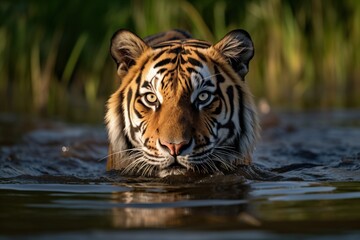 Poster - a tiger hunting in the river