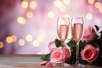 Wall Mural - Champagne in the romantic atmosphere of lovers. Background with selective focus and copy space