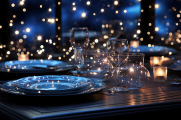 Poster - A celestial-themed table setting with constellation-patterned dishes and starry candlelight, perfect for a romantic dinner under the stars. Generative Ai.