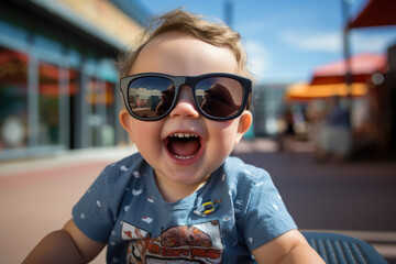 Sticker - A tiny tot sporting oversized sunglasses and a silly grin, bringing joy with their carefree and playful spirit. Generative Ai.