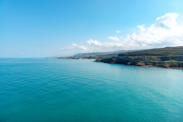 Wall Mural - Unique aerial panoramic skyline view of Kokkini Hani summer vacation resort region cooastline seascape, Crete, Aegean Sea Greek Islands, Greece. Travel concept.