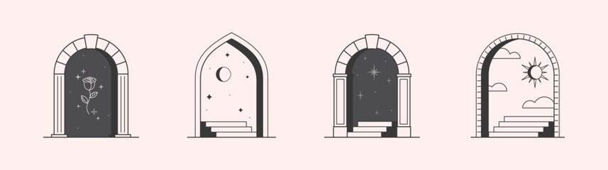 Wall Mural - vector mystic logo design templates with portals,steps,sun,magic flower,stars and moon.surreal abstr