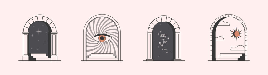 Wall Mural - Vector mystic logo design templates with portals,steps,eye,magic flower,stars,sun and moon.Surreal abstract illustrations in trendy minimal outline style.Magical emblems.Branding design templates.