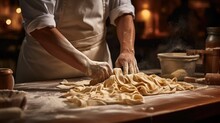 person making pasta by hand in an Italian kitchen. generative ai