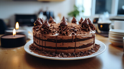 Wall Mural - chocolate cake on a plate on the countertop in the kitchen