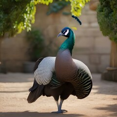 Wall Mural - A regal peahen in elegant attire, posing for a portrait with subtle grace3