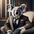 A debonair koala in a gentleman's suit, posing for a portrait with a serene and contented look3