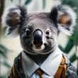 A chic koala in fashionable attire, posing for a portrait with a serene and contented look1