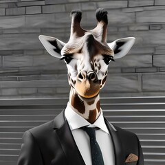 Wall Mural - A debonair giraffe in a gentleman's suit, posing for a portrait with a serene and majestic presence2