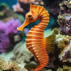 Wall Mural - A suave seahorse in a tailored underwater suit, posing for a portrait amidst coral reefs3