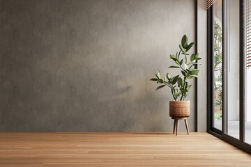Modern interior design of apartment, empty living room with gray concrete walls, yard, panorama