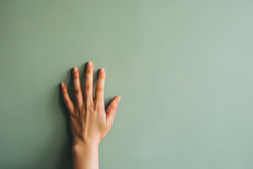 A single human hand with visible fingers is placed against a plain greenish background, suggesting concepts of touch, feel, or gentle interaction.