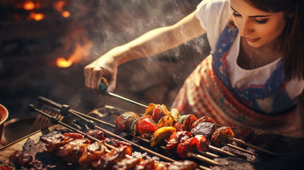 Wall Mural - Person skillfully grilling kebabs for a Middle Eastern feast generative ai